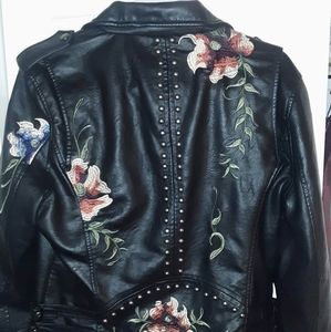 NWOT Black Vegan Leather Jacket with Embroidery